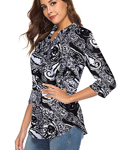 CEASIKERY Women's 3/4 Sleeve Floral V Neck Tops Casual Tunic Blouse Loose Shirt 012 Black