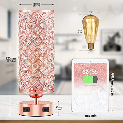 Touch USB Crystal Rose Gold Lamp Set of 2, 3-Way Touch Crystal Lamps with Dual USB Ports, Dimmable Nightstand Desk Light, Pink Bedside Table Lamp for Bedroom(Bulb Included&Set of 2)