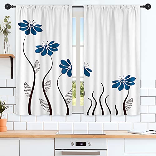 Riyidecor Blue Flower Kitchen Curtains 55 x 39 Inch Floral Petals Rod Pocket Leaves Lines Woman Girl White Plant Silhouettes Printed Living Room Bedroom Window Drapes Treatment Fabric 2 Panels WW-TGNA