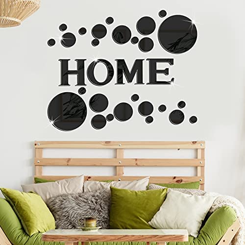 Home Sign Letters Acrylic Mirror Wall Stickers Solid Circle Wall Stickers 3D Mirror Wall Decals DIY Removable Mirror Wall Stickers for Home Living Room Decoration (Black)