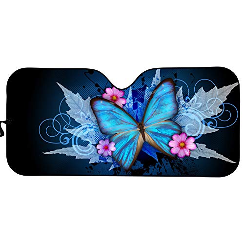 BIGCARJOB Car Windshield Sun Shade Butterflies Funny Accordian Outside UV Protective Sunshade Blue