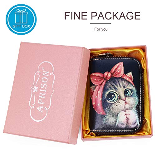 APHISON RFID Credit Card Holder Wallets for Women Leather Zipper Card Case for Ladies Girls/Gift Box with Keychain（060）