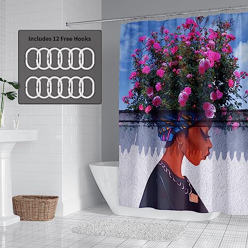 African American Woman Roses Headdress Afro Art Shower Curtain Set w/12 Hooks
