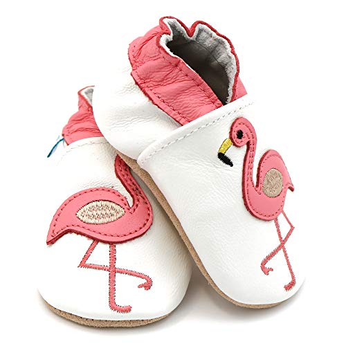 Dotty Fish Soft Leather Infant Shoes Girls pre-Walkers. White with Pink Flamingo. 0-6 Months