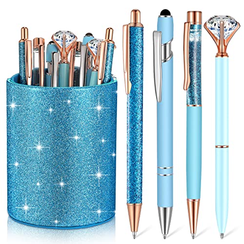 Sabary 8 Pcs Ballpoint Pens with Pen Holder for Desk Metal Crystal Diamond Pen Glitter Pencil Holder Fancy Pens Black Ink Bling Desk Organizer for Women Girls Office School Teacher Gifts (Blue)