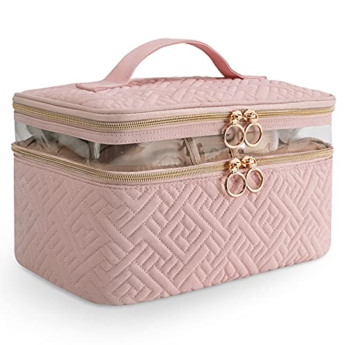 Quilted Double Layer Makeup Case Organizer w/Carry Handle & Gold Hardware, Pink or Black