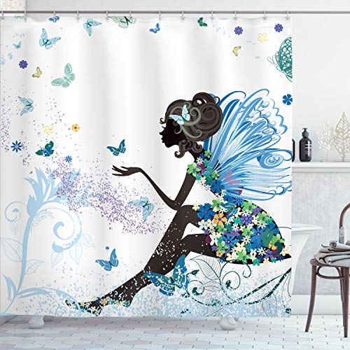 Ambesonne Fantasy Shower Curtain, Spring Girl Wings in a Floral Dress Surreal Garden Butterflies Print, Cloth Fabric Bathroom Decor Set with Hooks, 69