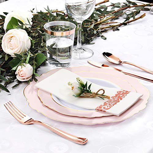 WDF 60pcs Pink Plastic Plates -Baroque Pink &Gold Disposable Dessert/Salad Plates for Upscale Parties &Wedding-Special for Valentine's Day, Mother’s Day