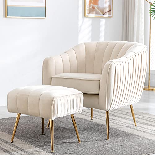 Altrobene Velvet Accent Chair with Ottoman, Living Room Bedroom Chair Set, Modern Barrel Arm Chair and Ottoman Set, Golden Finished, Beige