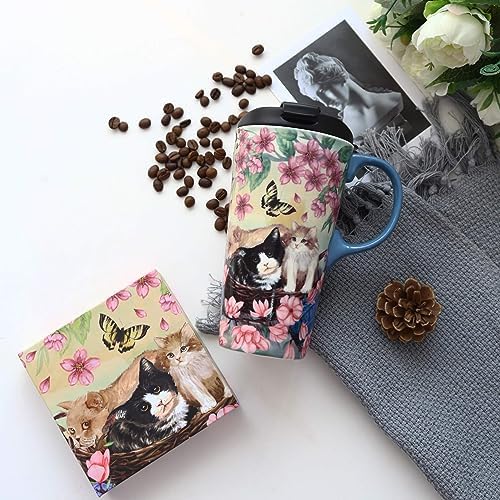 17oz Ceramic Hot/Cold Coffee or Tea Tall Travel Mug w/Lid & Matching Gift Box, Flowers and Kittens