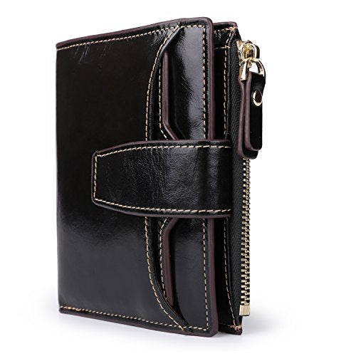 AINIMOER Women's RFID Blocking Leather Small Compact Bi-fold Zipper Pocket Wallet Card Case Purse (Waxed Black)