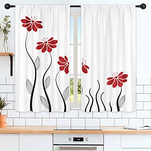 Riyidecor Red Flower Kitchen Curtains for Christmas 55x39 Inch Floral Petals Rod Pocket Leaves Lines Woman Girl White Plant Printed Living Room Bedroom Window Drapes Treatment Fabric 2 Panels WW-TGNA