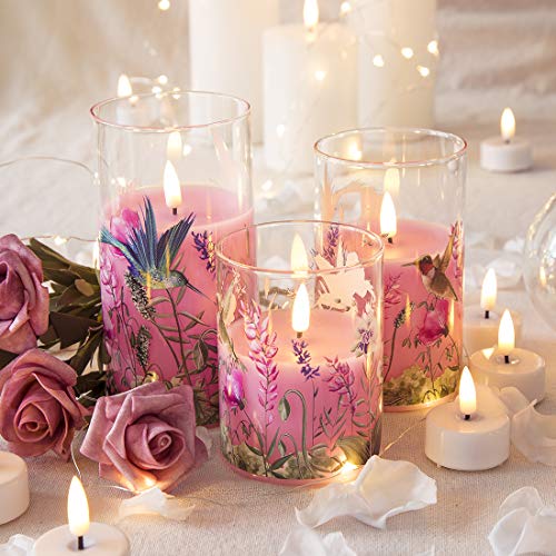 Hummingbird Pink Floral Glass Flameless LED Candles with Remote, 3 Pack Gift Set