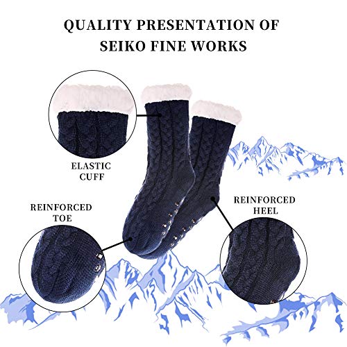 SDBING Women's Winter Super Soft Warm Cozy Fuzzy Fleece-Lined with Grippers Slipper Socks (Dark Blue)