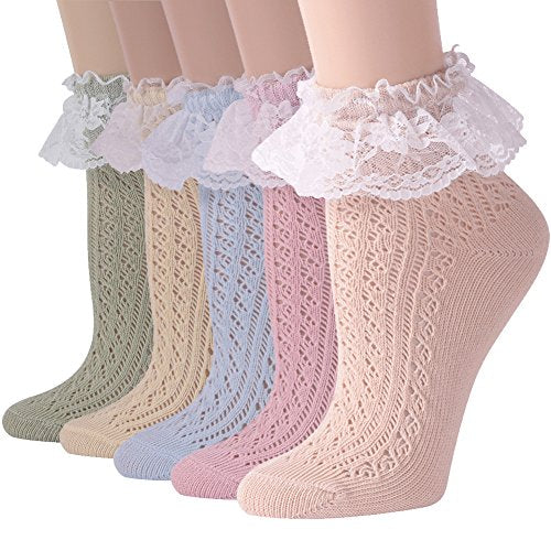 Short Bobby Dress Socks Women, Funcat Girls Ladies Vintage Ruffle Cuff Ankle Boots Socks with Lace Trim 5 Pairs