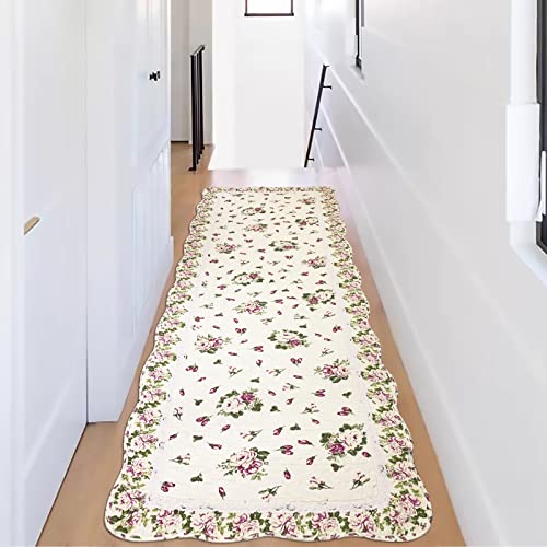 USTIDE Long Rose Rug for Bedside, Rustic Pink Buds Runner Rug, Quilted Cotton Area Rug for Bedroom Hallway, Machine Washable and Easy Care (23.6''X70.8'')