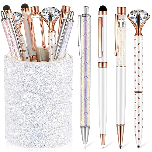 Sabary 8 Pcs Ballpoint Pens with Pen Holder for Desk Metal Crystal Diamond Pen Glitter Pencil Holder Fancy Pens Black Ink Bling Desk Organizer for Women Girls Office School Teacher Gifts (White)