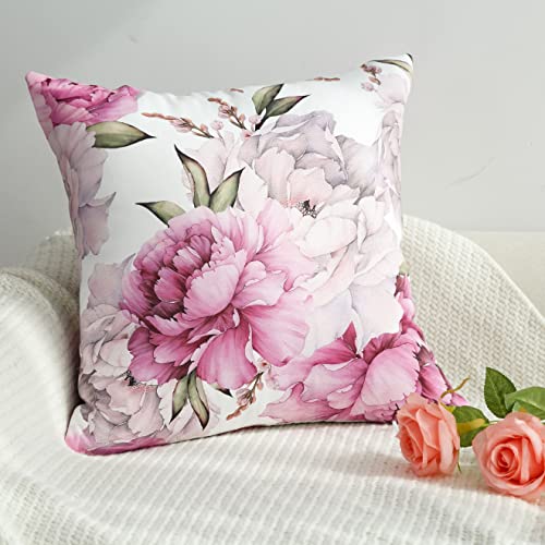 Pink & White Peony Blooms Country Flower Indoor/Outdoor Accent Pillow Cushion Covers, Set of 2