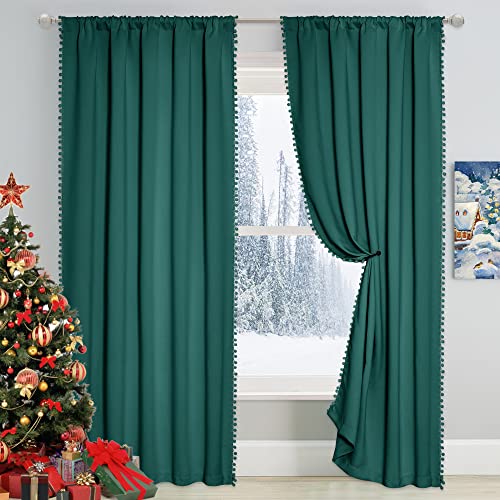 StangH Dark Green Pompom Blackout Curtains, Thermal Insulated Light Blocking Window Drapes for Nursery Kids, Christmas Backdrops for Birthday Party, W52 x L63, 2 Panels