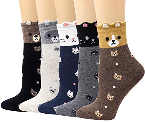 GotYourToes | Womens Teen Girls | Cute Cat Fox Rabbit Animal Print | Crew Socks | Great Gifts | 5 Pairs (Animal Land)
