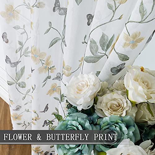 Tollpiz Short Sheer Floral Tier Curtains Yellow Flower Butterfly Printed Half Window Curtain Rod Pocket Kitchen Voile Faux Linen Curtains for Bathroom, 30 x 24 inches Long, Set of 2 Panels