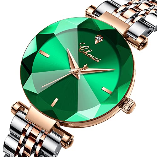 Fashion Women's Analog Quartz Watches Luxury Diamond Stainless Steel Mesh Band Wrist Watches for Women (Green)
