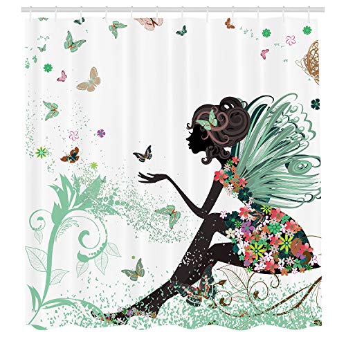 Ambesonne Fantasy Shower Curtain, Spring Girl Wings in a Floral Dress Surreal Garden Butterflies Print, Cloth Fabric Bathroom Decor Set with Hooks, 69" W x 70" L, Pale Green