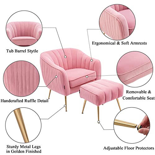 Altrobene Accent Chair with Ottoman, Modern Barrel Chair and Ottoman, Living Room Bedroom Furniture Set, Velvet Upholstered, Golden Finished, Blush Pink