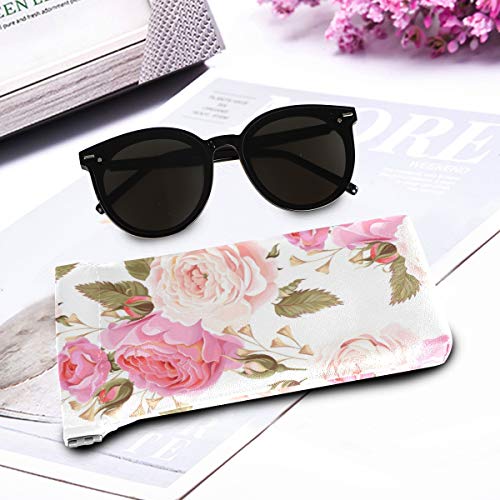 MOYYO Beautiful Floral Pink Roses Eyeglass Pouch Squeeze Top Portable Sunglasses Bag Pouch PU Leather Eyeglass Goggles Case Cosmetic Holders Mulituse for Women Girl
