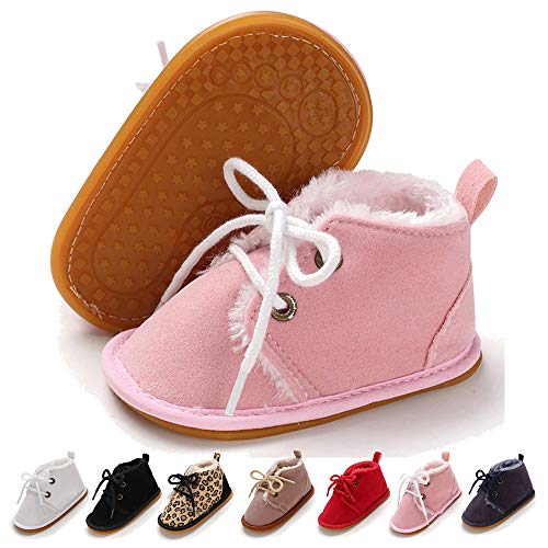 Newborn Lace Up Baby Booties, Prewalker Fur Lined Non-Slip Shoes, 6-12 Months, Pink