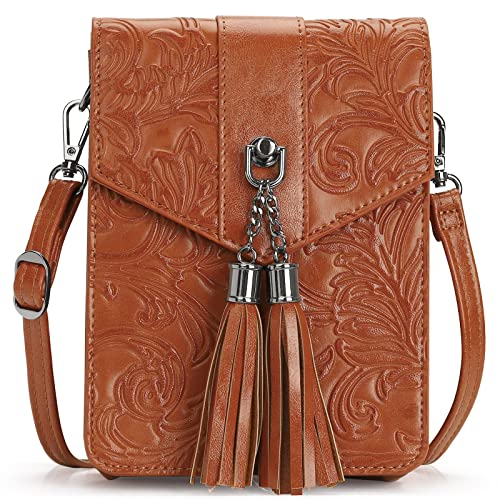MEITRUE Women Phone Purse Bag Small Crossbody Bags Ladies Mini Cell phone Purse Wallet Tassels Embossed Bag for Girls (0-Brown)