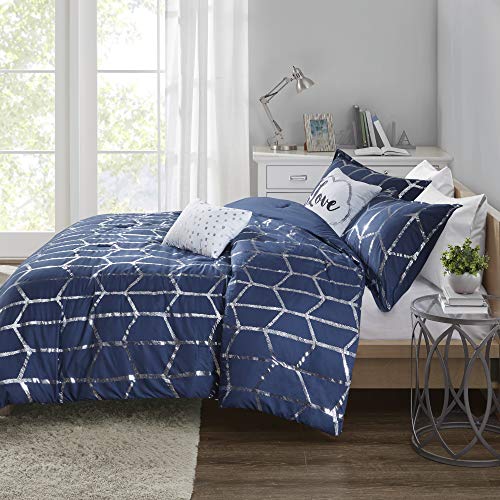 Intelligent Design Raina Comforter Microfiber Metallic Print Geometric, Embroidered Toss Pillow Modern Trendy Casual All Season Bedding Set with Matching Sham, Full/Queen, Navy/Silver 5 Piece