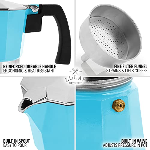 Zulay Classic Stovetop Espresso Maker for Great Flavored Strong Espresso, Classic Italian Style 3 Espresso Cup Moka Pot, Makes Delicious Coffee, Easy to Operate & Quick Cleanup Pot (Blue)