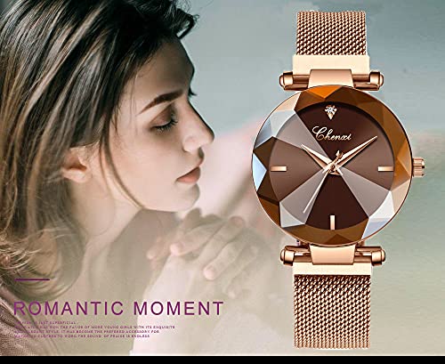 Women's Watches Fashion Shine Crystal Cutting Mirror Wrist Watch Rose Gold Stainless Steel Mesh Band Waterproof Analog Quartz Watches (Brown)