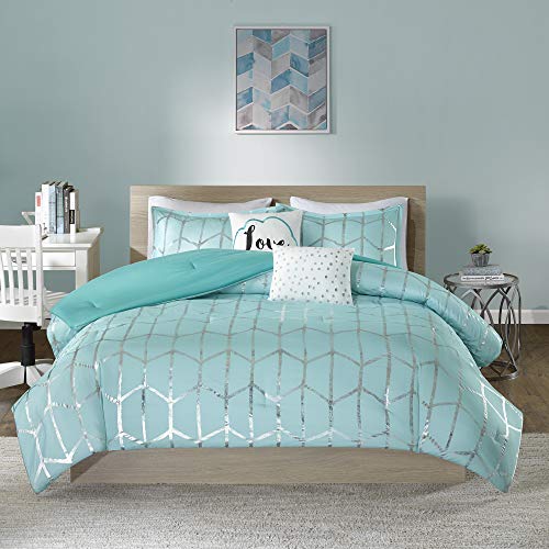 Intelligent Design Raina Comforter Microfiber Metallic Print Geometric Design Embroidered Toss Pillow Modern Trendy Casual All Season Bedding Set Matching Sham, Full/Queen, Aqua/Silver 5 Piece