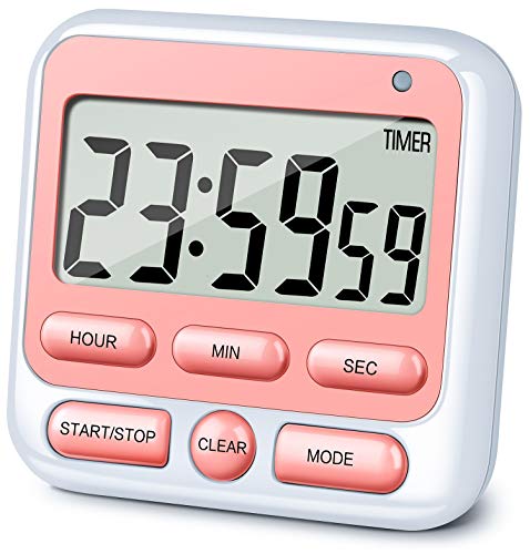 KTKUDY Digital Kitchen Timer with Mute/Loud Alarm Switch ON/Off Switch, 24 Hour Clock & Alarm, Memory Function Count Up & Count Down for Kids Teachers Cooking, Large LCD Display, Strong Magnet (Pink)