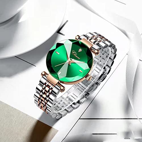 Fashion Women's Analog Quartz Watches Luxury Diamond Stainless Steel Mesh Band Wrist Watches for Women (Green)