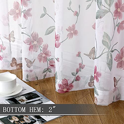 Tollpiz Short Sheer Floral Tier Curtains Pink Flower Butterfly Printed Half Window Curtain Rod Pocket Kitchen Voile Faux Linen Curtains for Bathroom, 30 x 24 inches Long, Set of 2 Panels