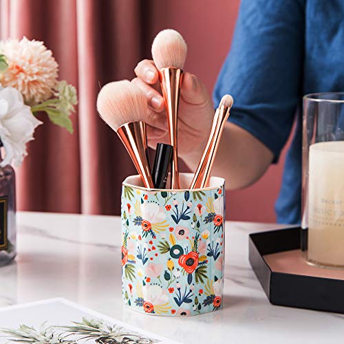 Ceramic Desk Organizer, Pencil Cup, Pen Holder, Makeup Brush Holder for Office, Classroom, Bathroom - Mint Flowers