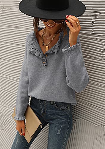 BTFBM Women's Sweaters Casual Long Sleeve Button Down Crew Neck Ruffle Knit Pullover Sweater Tops Solid Color Striped (Solid Grey, Medium)