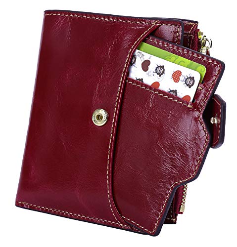 AINIMOER Women's RFID Blocking Leather Small Compact Bi-fold Zipper Pocket Wallet Card Case Purse (Waxed Wine)