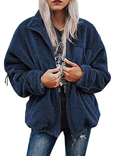 BTFBM Women Long Sleeve Full Zip Jackets Casual Solid Color Loose Fleece Short Teddy Coats Jacket Outerwear With Pockets(Solid Dark Blue, Medium)