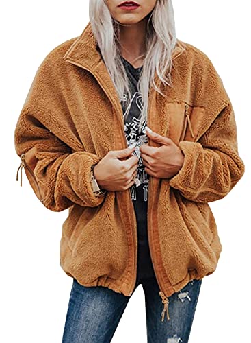 BTFBM Women Long Sleeve Full Zip Jackets Casual Solid Color Loose Fleece Short Teddy Coats Jacket Outerwear With Pockets(Solid Brown, Large)