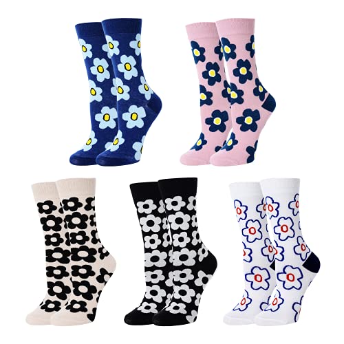 Womens Novelty Funny Crew Socks Girls Cute Floral Colorful Patterned Socks Silly Funky Casual Cotton Flower printed Socks Gift，5 Pack-sunflowers