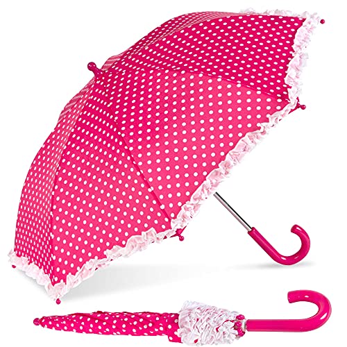 Kids Pink Polka Umbrella, 33 Inches, Compact, Pinch-Proof, Easy Grip Handle