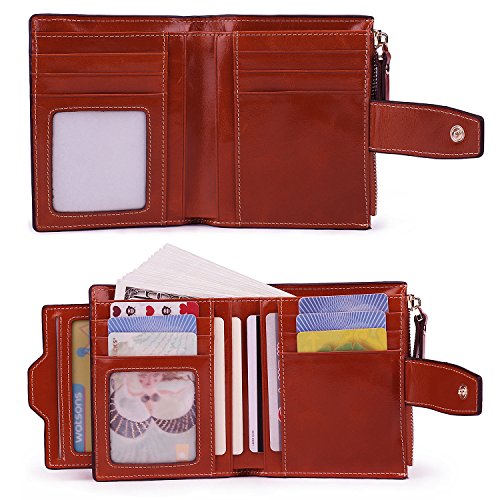 AINIMOER Women's RFID Blocking Leather Small Compact Bi-fold Zipper Pocket Wallet Card Case Purse (Waxed Sorrel)