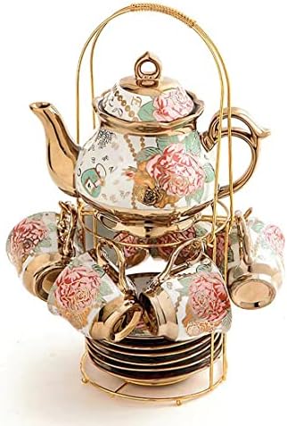 CHANJOON Gold Plated Red Rose Ceramic Tea Set, Vintage Tea Set with Teapot, Beautiful Tea Set Coffee Serving 6 People (Upgrade Sets A)
