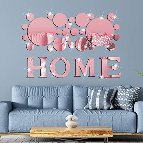Home Sign Letters Acrylic Mirror Wall Stickers Solid Circle Wall Stickers 3D Mirror Wall Decals DIY Removable Mirror Wall Stickers for Home Living Room Decoration (Rose Gold)