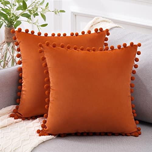 Set of 2 Soft Velvet Solid Pillow Cushion Covers w/Pom Poms, 18 x 18 Inches  (31 colors)