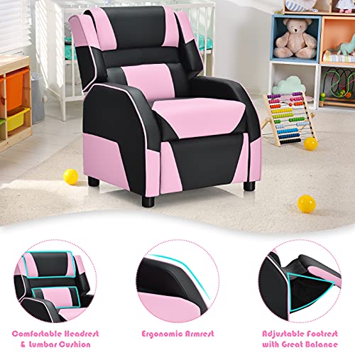 Costzon Kids Recliner, Gaming Recliner Chair w/Footrest, Headrest & Lumbar Support, Ergonomic Leather Lounge Chair for Living & Gaming Room, Adjustable Racing Style Sofa for Children Boys Girls, Pink